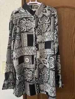 希少古着 総柄デザイン×光沢テロテロ素材×ブルーチャイナシャツ 