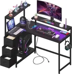 L字型 ブラックデスク 収納引き出し付き