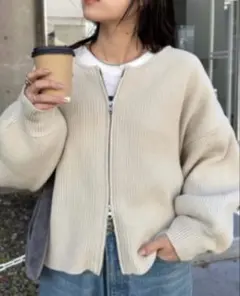 スポンディッシュダブルジップニットカーディガン　オフホワイト