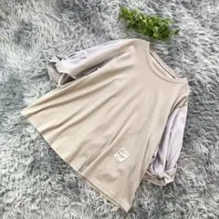 Charm【M相当】七分袖 Tシャツ ベージュ × パープルストライプ パフ袖