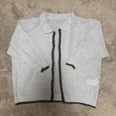 透かし編み 襟付き 長袖カーディガン 水色