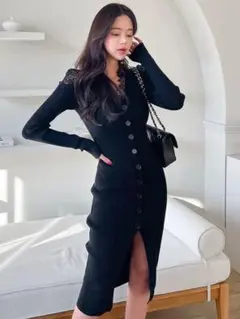 レース付スリットニットワンピース