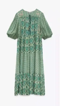 新品未使用　タグ付き　緑　花柄　ロングワンピ