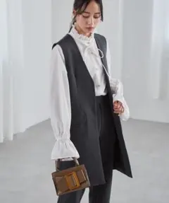 即発送！　【２点セット】ノーカラーロングジレセットアップ　グレー