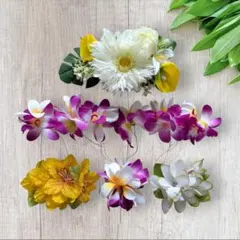 Bw1746.フラダンス　タヒチアン　髪飾り　ヘアクリップ　ハワイ セット　白紫