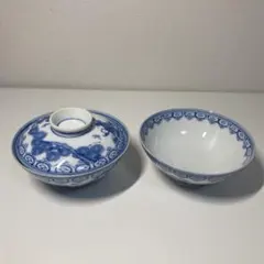 青い花柄 飯碗 2個セット
