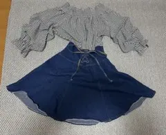 黒ギンガムチェック柄オフショルダー＆デニムスカートワンピMサイズ