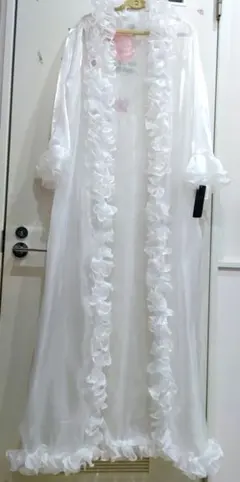 H-5 ホワイト系 光沢、縁取総フリルロングガウン　パーティ　カラオケ　イベント