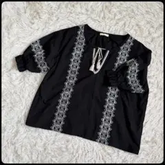 【アースミュージックアンドエコロジー】刺繍プルオーバーブラウス フリーサイズ 黒