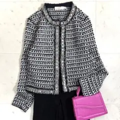 美品 トリバーチ ツイード風 ノーカラージャケット カーディガン ニット 黒 白