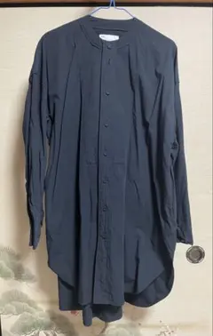 バンドカラー シャツワンピース ブラック系 ゆったり ロング丈 羽織り シンプル