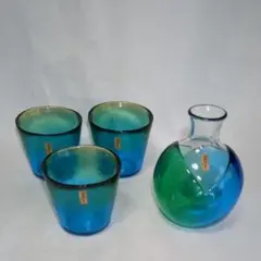 津軽びいどろ 秋村実工房 ガラス製 徳利＆猪口3個 ブルー系 シール付未使用品