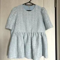 【新品未使用】ELFRANK♡ツイード ペプラムチュニックブラウス ♡ブルー♡Lのサムネイル