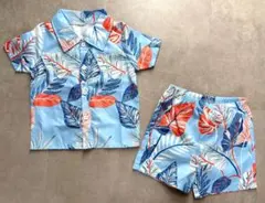キッズアロハ風セットアップ 半袖シャツとショーツセット 葉柄 水色 90