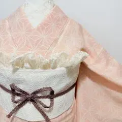 着物　麻の葉　オレンジ　赤　ピンク　生成り　単衣　紬　シルク　美品　裄67のサムネイル