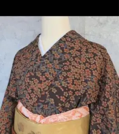 小紋　4点セット　着物　ブラウン　小花柄　おしゃれ　洗える着物　着物生活　①④