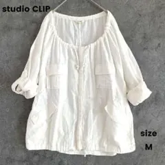 スタジオクリップ　コットンリンネ　長袖　五分袖　シャツ　ブラウン　白　M