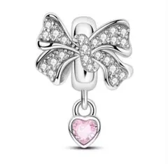 Pandora リボン型シルバー925チャーム ピンクストーン付き