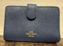 コーチ　折りたたみ財布　レディース　ネイビー　二つ折り　財布リユース　紺色　中古