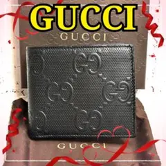【美品】グッチ 二つ折り財布 GG エンボス パンチング レザー／黒Aのサムネイル