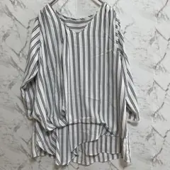 【GLOBAL WORK】ブラウス　ストライプ　Vネック　白　Lサイズ