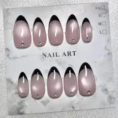 【現品】ピンクマグネット×黒フレンチ ネイルチップ 韓国 ワンホン シンプル