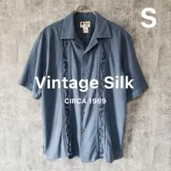 ✅【Vintage Silk】キューバシャツSブルーペイズリー刺繍グアヤベラのサムネイル