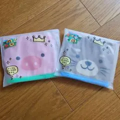 豚とアザラシのタオルハンカチ2枚セット　ポーチ付きタオル