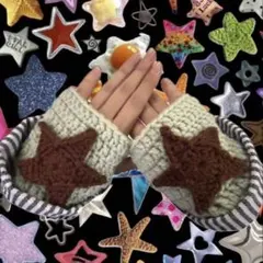ハンドメイド編み物 お星さんのアームウォーマーファッショングリーン＆ブラウン