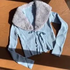 ファー　ニット　カーディガン　トップス　ブルー