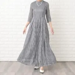Lace Ladies ハイネック七分袖総レースロングワンピース・ドレス