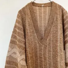 ヴィンテージ Vネックニット 深め ストライプ L相当 幾何学模様 茶 グランジ