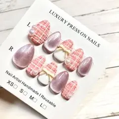 【現品】マグネットネイル ツイード リボン ショート ピンク 春 バレンタイン