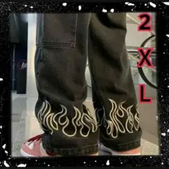 メンズ　デニム　ストリート　韓国　ファイヤー柄　2XL　炎　ブラック　ジーンズ
