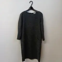 【美品】 ダークグレー 長袖 ひざ丈ワンピース Mサイズ