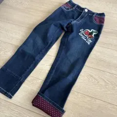 チェリー刺繍 ドット柄切替 デニムパンツ　美品のサムネイル
