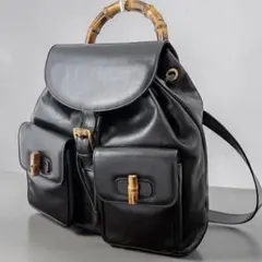 美品　グッチ GUCCI リュック バンブー 黒 ブラック 巾着　レザー　バッグ