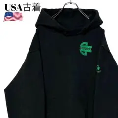 USA古着 肉厚 短丈プルオーバーパーカー 黒 XL 刺繍ロゴスウェット