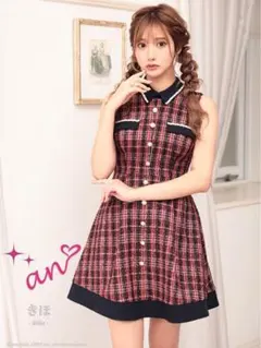 AR ノースリーブチェックツイード襟付きボタンAラインミニドレス