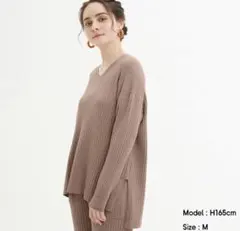 GU ジーユー　ワイドリブVネックニットチュニック(長袖) ブラウン　Sサイズ