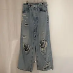 ZARAダメージ加工 ライトブルーデニム ワイドレッグ