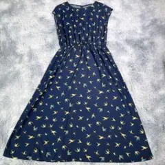【LL】ノースリーブロングワンピース　ネイビー　ツバメ柄　大きいサイズ　薄手