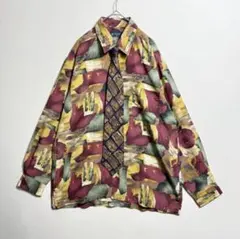 ネクタイシャツ 柄シャツ 総柄 マルチカラー ネクタイ シルク アート柄 古着