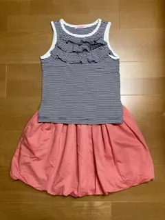 ファミリア、ストライプフリルノースリーブとバルーンスカートセット100cm
