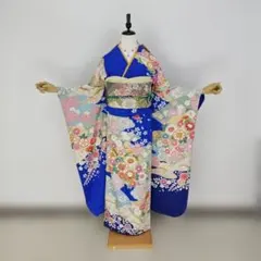 イナコ　お振袖フルセット　7点セット　青　雲取波に檜扇　正絹　美品 イナコ様専用 お振袖フルセット 7点セット 青 雲取波に檜扇 正絹 美品