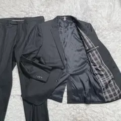 パーフェクトスーツファクトリー　セットアップ　シルク混　ブラック　ストライプ　L