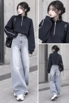 ZARA ザラ ハーフジップ ニット ショート丈 袖ライン クロップド 紺 S