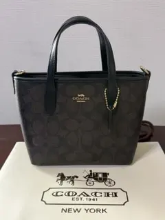 新品COACH ミニトートバッグ ブラウン/ブラックシグネチャー キャンバス