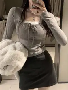 フロントリボン リブ長袖トップス グレー SHEIN DAZY 42050971のサムネイル