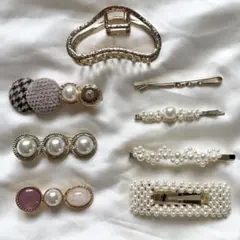 ヘアアクセ 8点セット / ゴールド ヘアピン クリップ / パール ストーン